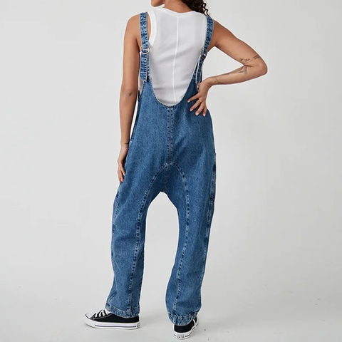 New V Neck Spliced Overalls Pockets High Street Loose High Waist Jeans Jumpsuits CODE: KAR3822