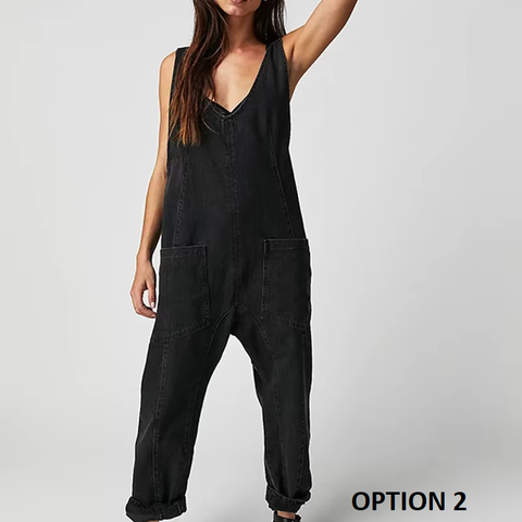 New V Neck Spliced Overalls Pockets High Street Loose High Waist Jeans Jumpsuits CODE: KAR3822
