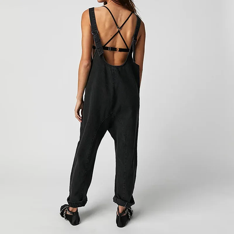 New V Neck Spliced Overalls Pockets High Street Loose High Waist Jeans Jumpsuits CODE: KAR3822