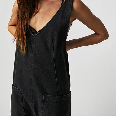 New V Neck Spliced Overalls Pockets High Street Loose High Waist Jeans Jumpsuits CODE: KAR3822