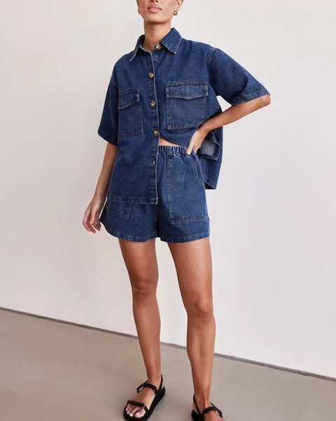 New Retro Casual Loose Pocket Sleeved Shirt Shorts Set CODE: KAR3826