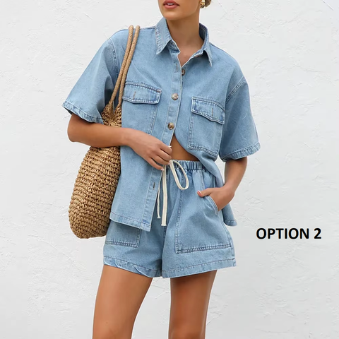 New Retro Casual Loose Pocket Sleeved Shirt Shorts Set CODE: KAR3826