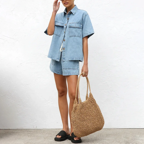 New Retro Casual Loose Pocket Sleeved Shirt Shorts Set CODE: KAR3826