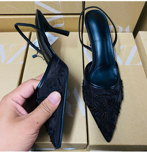 Fashion Elegant Pointed toe Mesh Flowers Embroided  Beading Thin High heels CODE: KAR3831