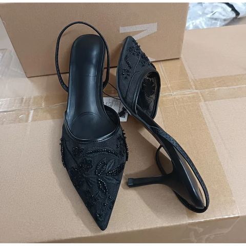 Fashion Elegant Pointed toe Mesh Flowers Embroided  Beading Thin High heels CODE: KAR3831