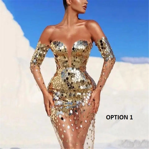 New Sequined Long Sleeve Bare Shoulder Mesh Spliced Bodycon Maxi Long Dress CODE: KAR3838