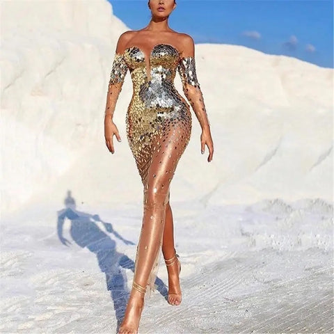 New Sequined Long Sleeve Bare Shoulder Mesh Spliced Bodycon Maxi Long Dress CODE: KAR3838