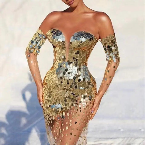 New Sequined Long Sleeve Bare Shoulder Mesh Spliced Bodycon Maxi Long Dress CODE: KAR3838