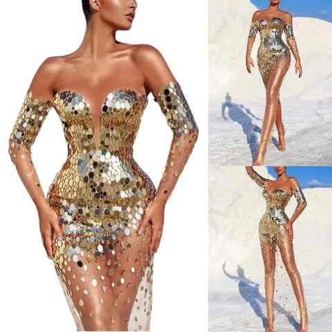 New Sequined Long Sleeve Bare Shoulder Mesh Spliced Bodycon Maxi Long Dress CODE: KAR3838