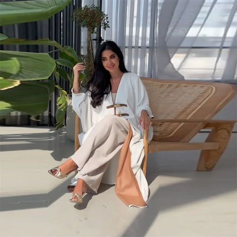 New Fashion Modest Solid Open Buckle Sleeve Long Dress CODE: KAR3843