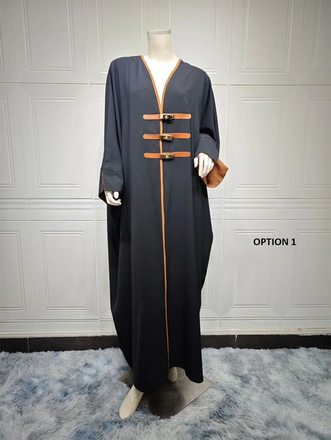 New Fashion Modest Solid Open Buckle Sleeve Long Dress CODE: KAR3843