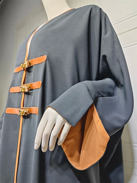 New Fashion Modest Solid Open Buckle Sleeve Long Dress CODE: KAR3843