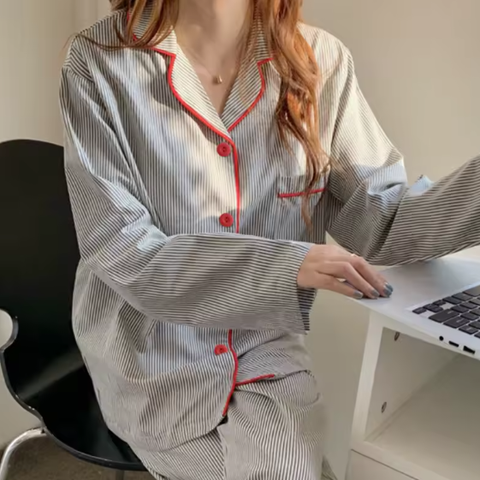 New Striped Long Sleeve Cardigan Buttoned Nightwear Pajama Set CODE: KAR3848