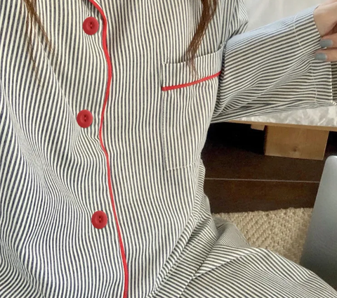 New Striped Long Sleeve Cardigan Buttoned Nightwear Pajama Set CODE: KAR3848