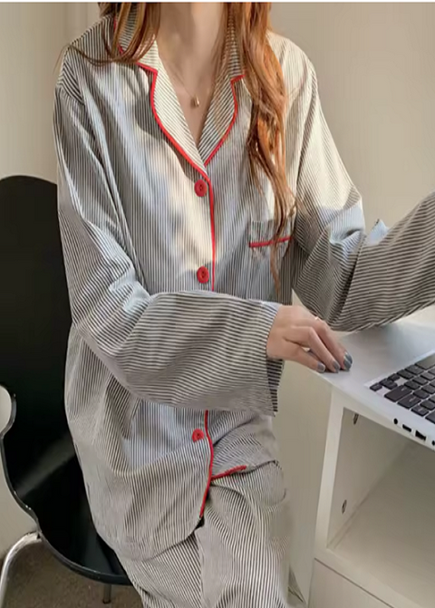 New Striped Long Sleeve Cardigan Buttoned Nightwear Pajama Set CODE: KAR3848
