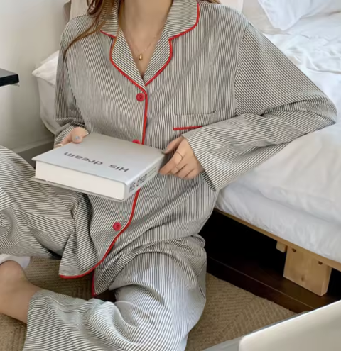 New Striped Long Sleeve Cardigan Buttoned Nightwear Pajama Set CODE: KAR3848