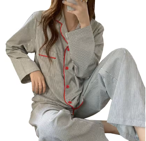 New Striped Long Sleeve Cardigan Buttoned Nightwear Pajama Set CODE: KAR3848