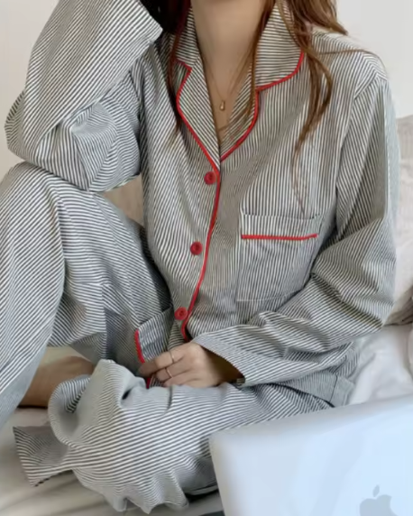 New Striped Long Sleeve Cardigan Buttoned Nightwear Pajama Set CODE: KAR3848