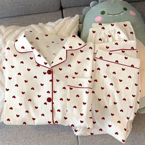 New Heart Pattern Open Cardigan Long Sleeve Night wear Pajamas Set CODE: KAR3851