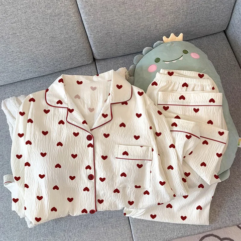New Heart Pattern Open Cardigan Long Sleeve Night wear Pajamas Set CODE: KAR3851