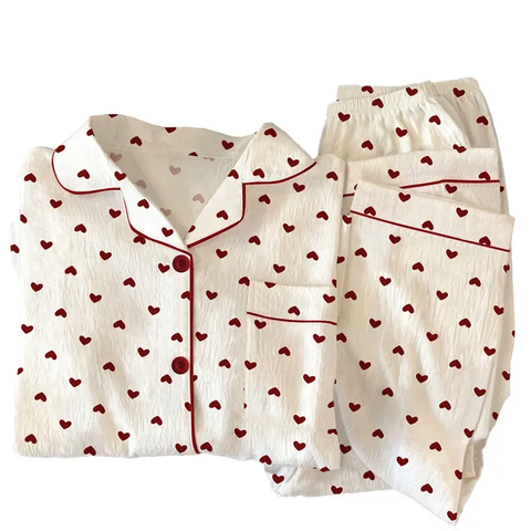 New Heart Pattern Open Cardigan Long Sleeve Night wear Pajamas Set CODE: KAR3851