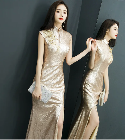 New Sexy Sequined Stand Collar Slit Mermaid Party Maxi Dresses CODE: KAR3863