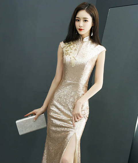 New Sexy Sequined Stand Collar Slit Mermaid Party Maxi Dresses CODE: KAR3863