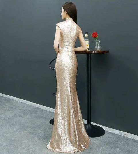 New Sexy Sequined Stand Collar Slit Mermaid Party Maxi Dresses CODE: KAR3863