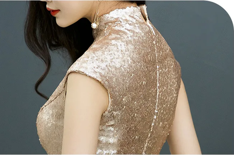 New Sexy Sequined Stand Collar Slit Mermaid Party Maxi Dresses CODE: KAR3863