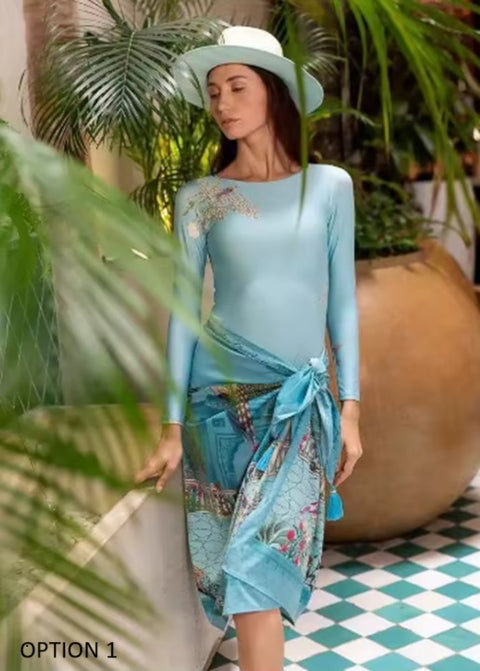 New Digital Print Long Sleeve AND Half Sleeve One Piece With Skirt Swimwear Set CODE: KAR3895