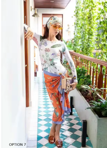 New Digital Print Long Sleeve AND Half Sleeve One Piece With Skirt Swimwear Set CODE: KAR3895