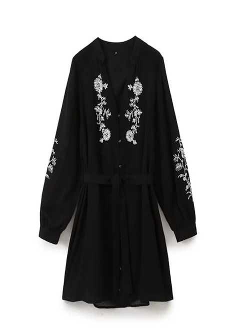 New Long Sleeve V Neck With Belt Floral Embroidery Short Dress CODE: KAR3899