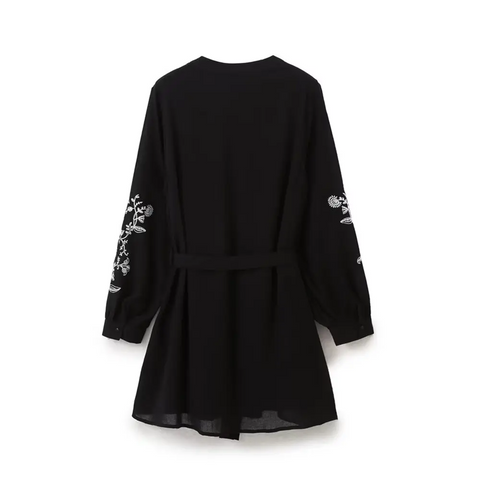 New Long Sleeve V Neck With Belt Floral Embroidery Short Dress CODE: KAR3899