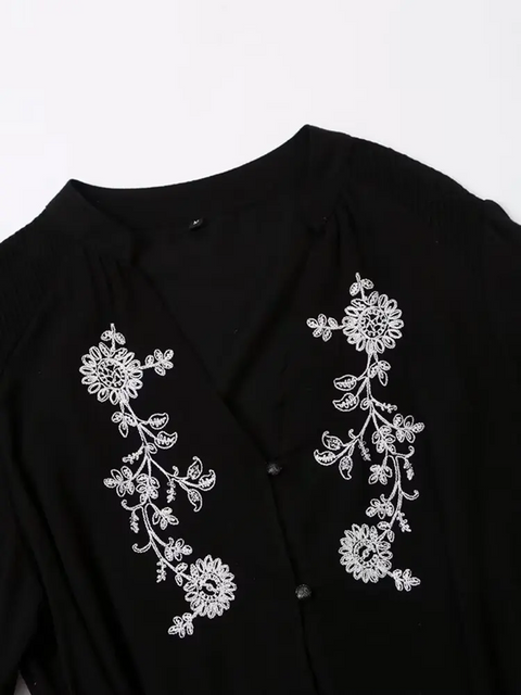 New Long Sleeve V Neck With Belt Floral Embroidery Short Dress CODE: KAR3899