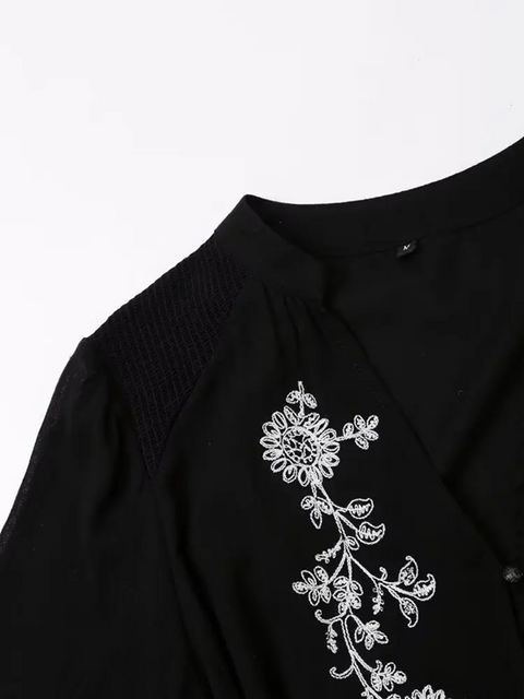 New Long Sleeve V Neck With Belt Floral Embroidery Short Dress CODE: KAR3899