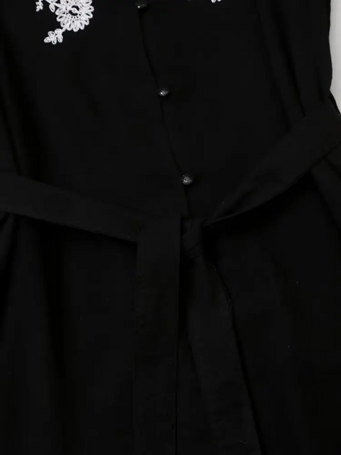 New Long Sleeve V Neck With Belt Floral Embroidery Short Dress CODE: KAR3899