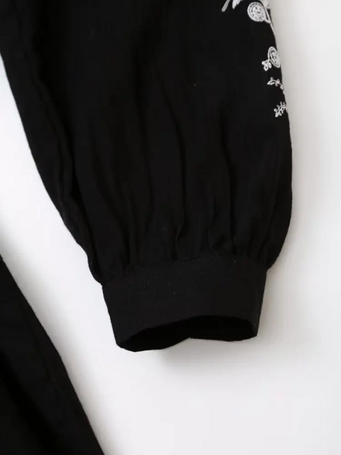 New Long Sleeve V Neck With Belt Floral Embroidery Short Dress CODE: KAR3899