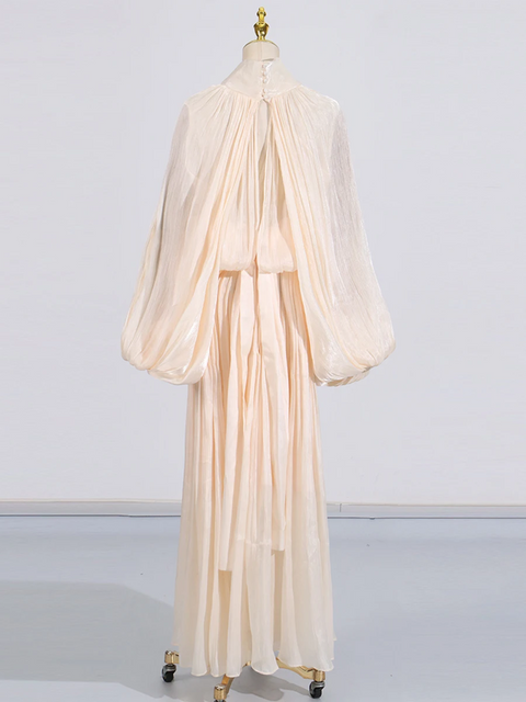 New Scarf Collar Lantern long Sleeve Minimalist Folds Maxi Dress CODE: KAR3904