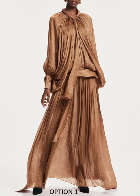 New Scarf Collar Lantern long Sleeve Minimalist Folds Maxi Dress CODE: KAR3904