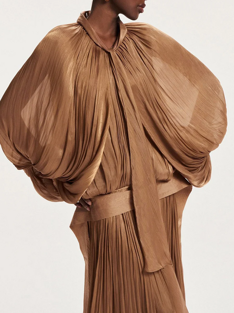 New Scarf Collar Lantern long Sleeve Minimalist Folds Maxi Dress CODE: KAR3904