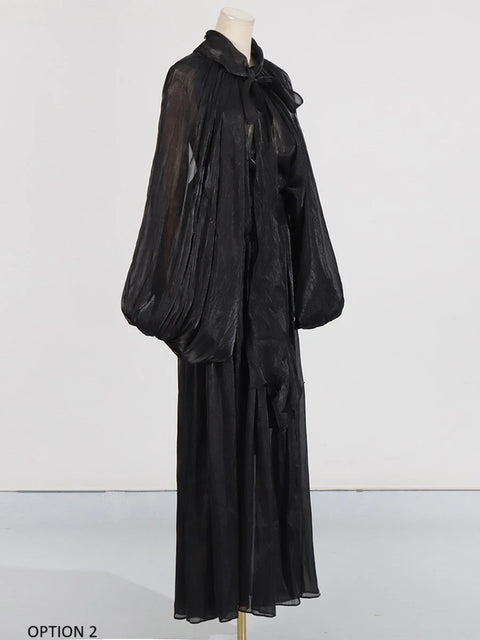 New Scarf Collar Lantern long Sleeve Minimalist Folds Maxi Dress CODE: KAR3904