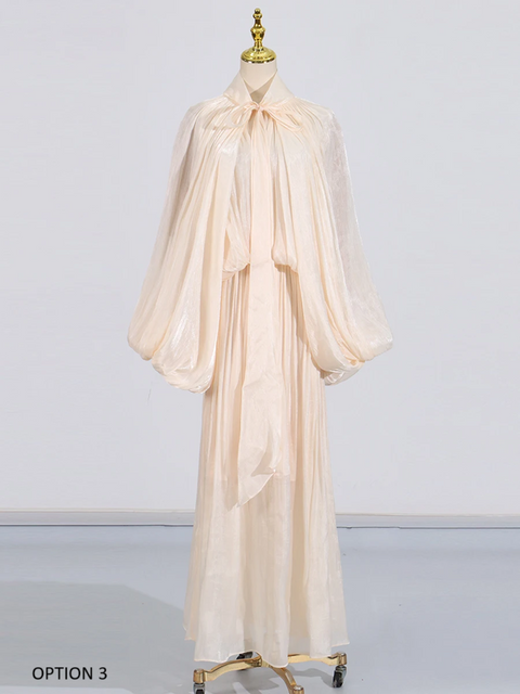 New Scarf Collar Lantern long Sleeve Minimalist Folds Maxi Dress CODE: KAR3904