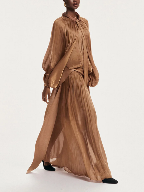 New Scarf Collar Lantern long Sleeve Minimalist Folds Maxi Dress CODE: KAR3904