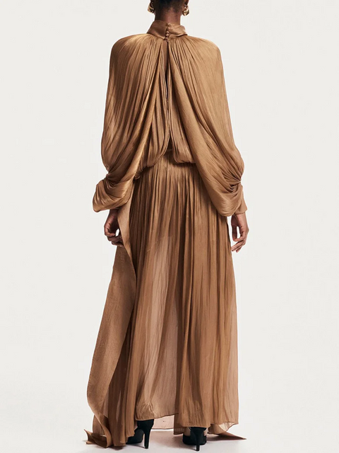 New Scarf Collar Lantern long Sleeve Minimalist Folds Maxi Dress CODE: KAR3904