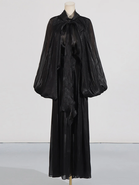 New Scarf Collar Lantern long Sleeve Minimalist Folds Maxi Dress CODE: KAR3904