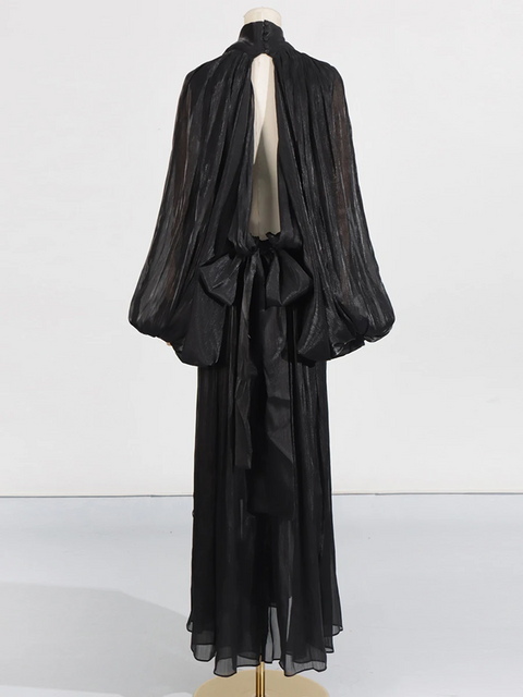 New Scarf Collar Lantern long Sleeve Minimalist Folds Maxi Dress CODE: KAR3904