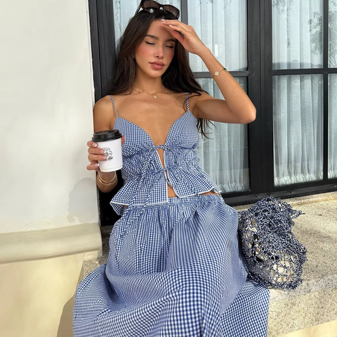 New Sweet Front Lace Up Tops - Long Skirt 2Piece Set CODE: KAR3908