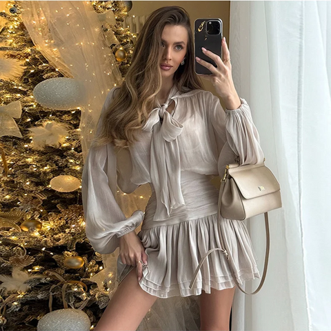 New Fancy Bow Long Sleeves Shirts With  Mini Skirt Set CODE: KAR3916