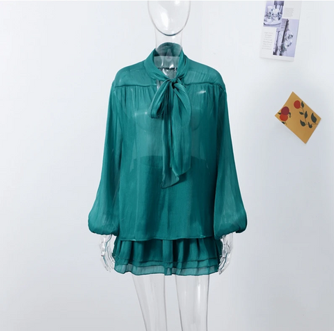 New Fancy Bow Long Sleeves Shirts With  Mini Skirt Set CODE: KAR3916