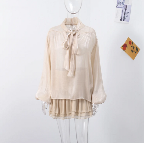 New Fancy Bow Long Sleeves Shirts With  Mini Skirt Set CODE: KAR3916
